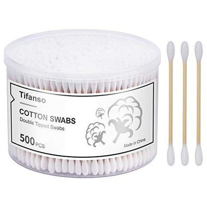 tifanso 500 Count Natural Wooden Cotton Swabs with Storage Box – Double Round Cotton Tip Sticks, Cruelty-Free Ear Swabs