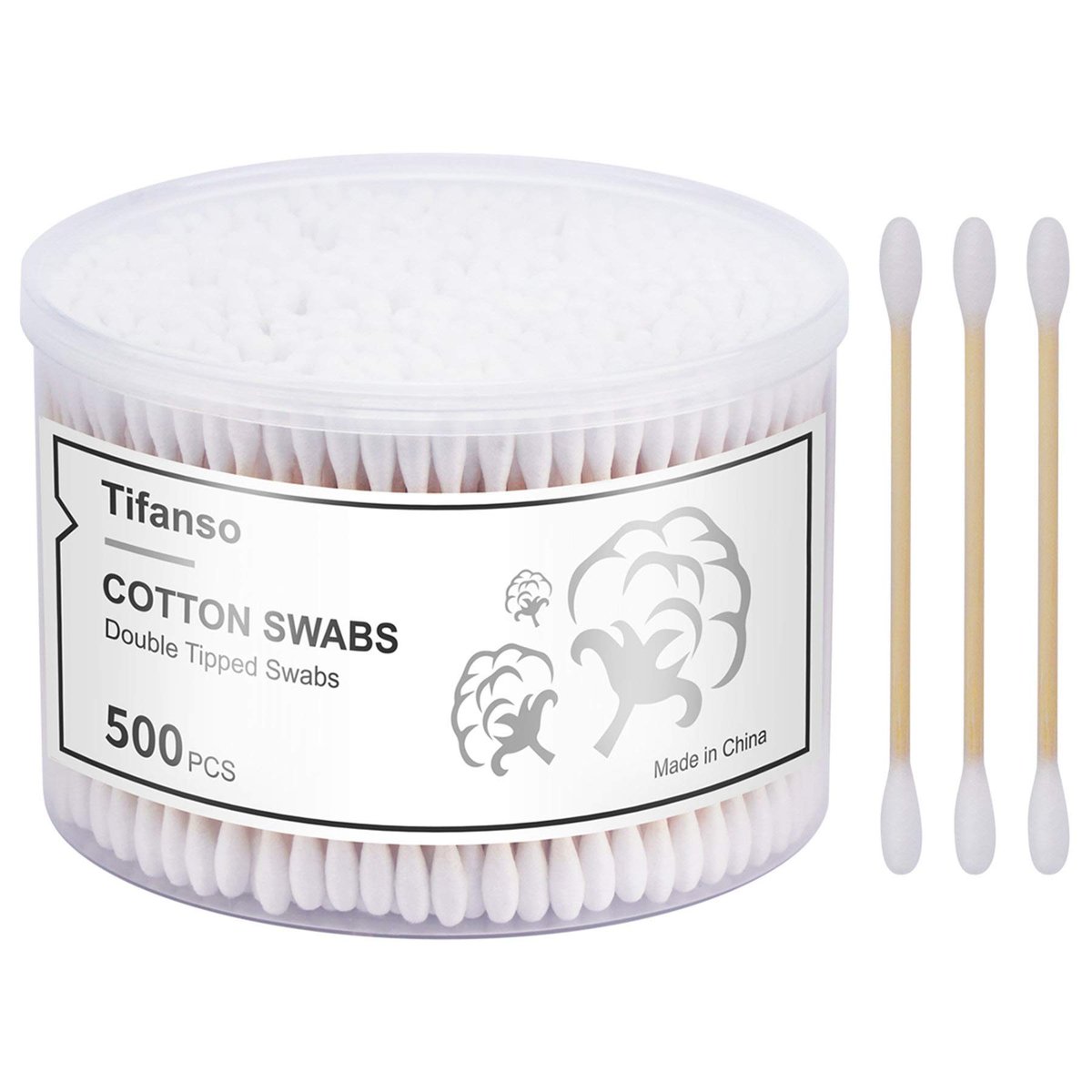 tifanso 500 Count Natural Wooden Cotton Swabs with Storage Box – Double Round Cotton Tip Sticks, Cruelty-Free Ear Swabs - görsel 1