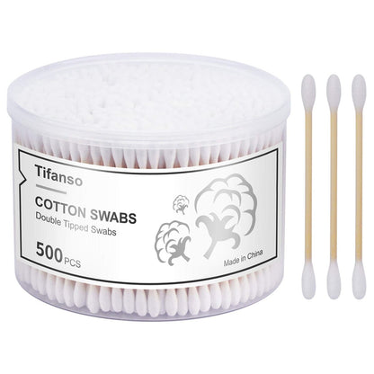 tifanso 500 Count Natural Wooden Cotton Swabs with Storage Box – Double Round Cotton Tip Sticks, Cruelty-Free Ear Swabs