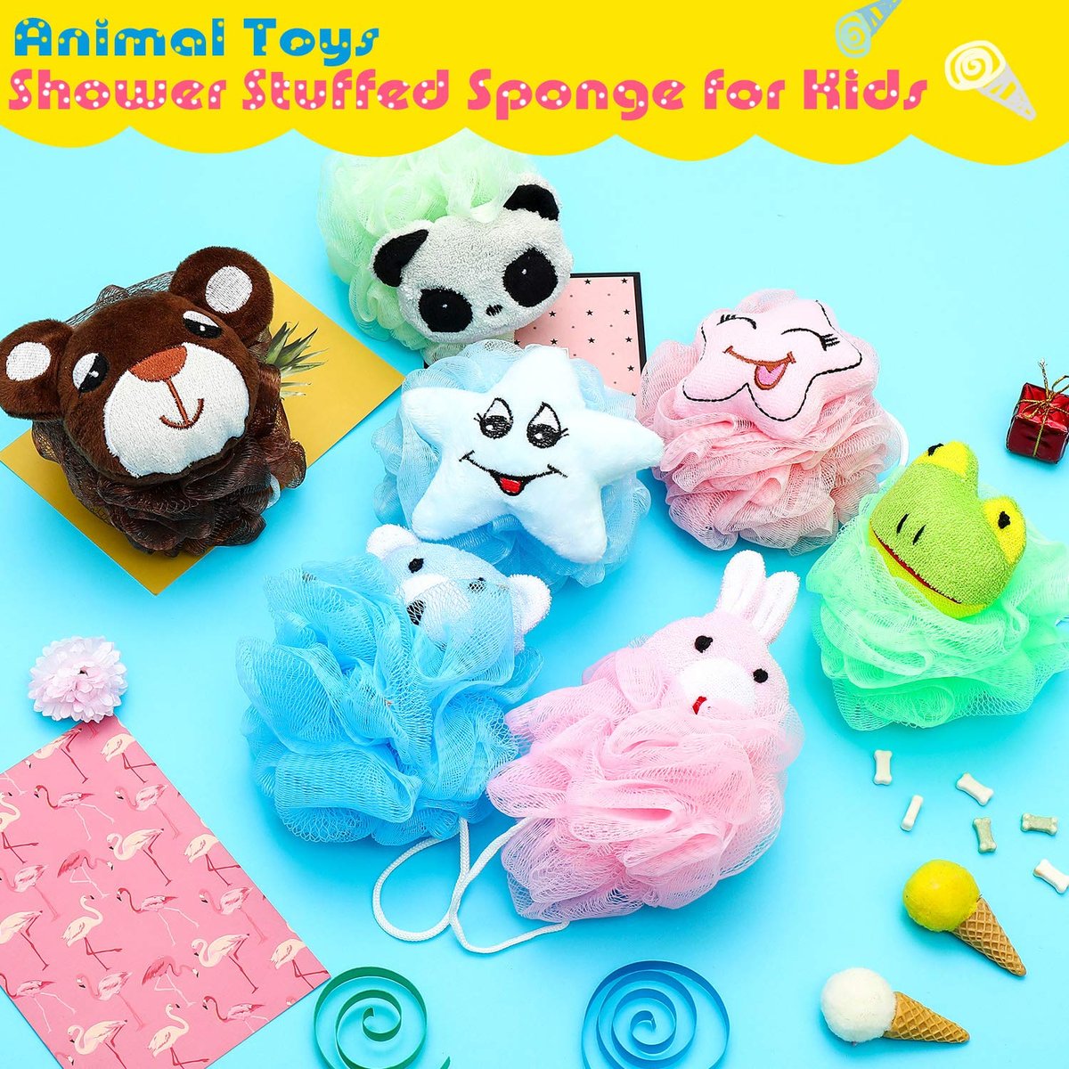 Boao 8-Piece Kids Bath Loofahs - Cute Animal Sponge Poufs for Fun, Gentle Body Scrubbing Avelisse