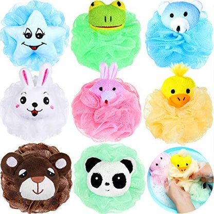 Boao 8-Piece Kids Bath Loofahs - Cute Animal Sponge Poufs for Fun, Gentle Body Scrubbing Avelisse