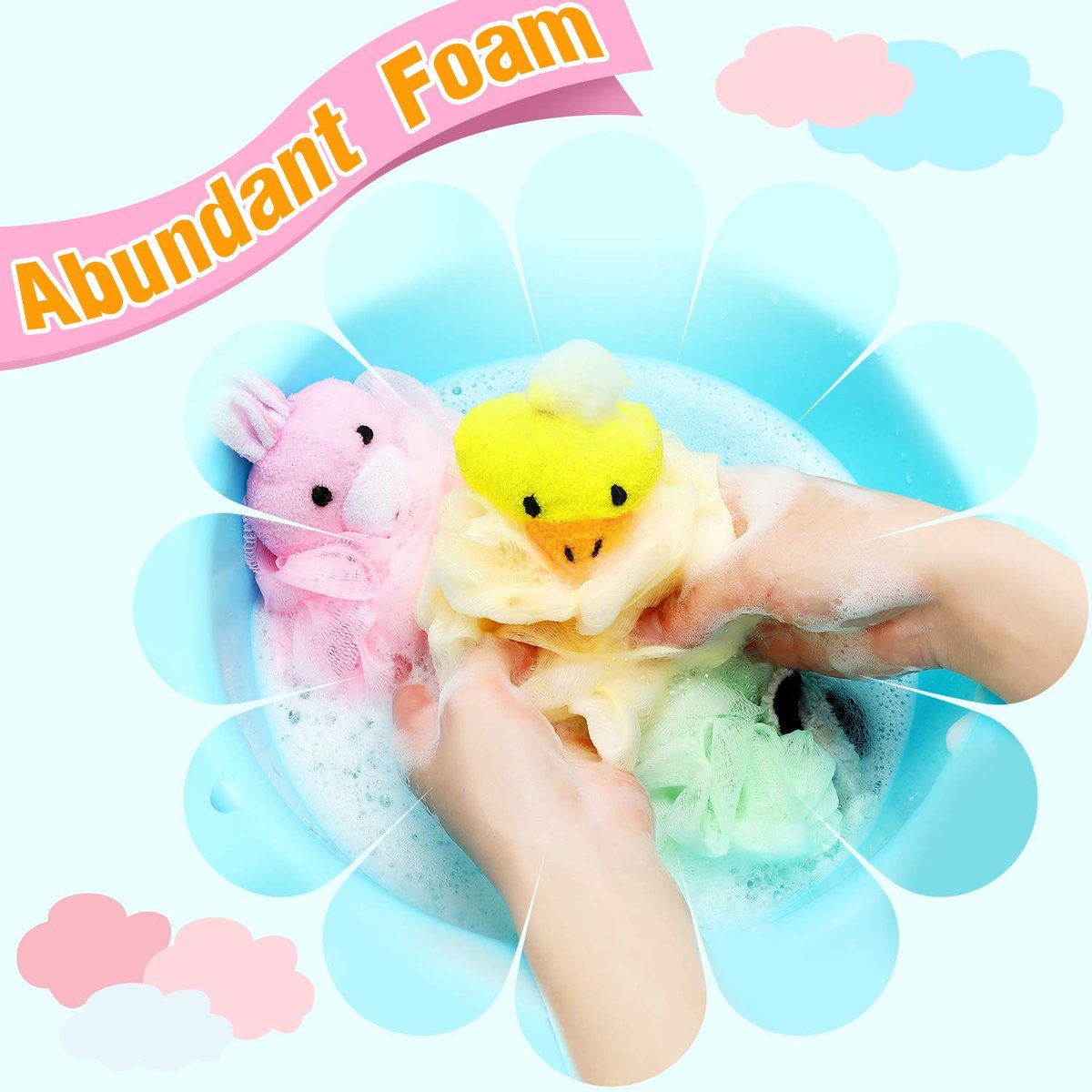 Boao 8-Piece Kids Bath Loofahs - Cute Animal Sponge Poufs for Fun, Gentle Body Scrubbing Avelisse