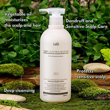 LA'DOR TripleX 3 Deep Cleansing Shampoo for Dry Itchy Sensitive Scalp & Dandruff - Sulfate-Free with Tea Tree, Lemon & Lavender - Korean Hair Care - 17.9 Fl Oz