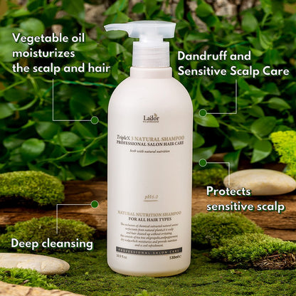 LA'DOR TripleX 3 Deep Cleansing Shampoo for Dry Itchy Sensitive Scalp & Dandruff - Sulfate-Free with Tea Tree, Lemon & Lavender - Korean Hair Care - 17.9 Fl Oz