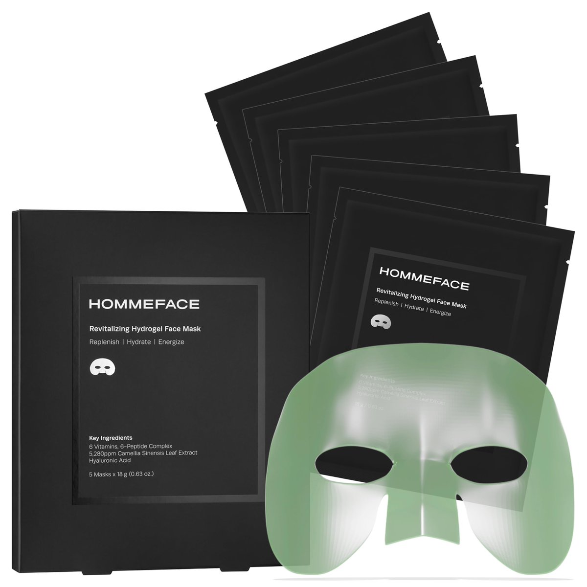 HommeFace Men’s Revitalizing Hydrogel Facial Mask Set (5ct) - Hydrating, Beard-Friendly, Anti-Aging, Soothing Face Sheet Masks with Hyaluronic Acid, Vitamins & Peptides - görsel 1
