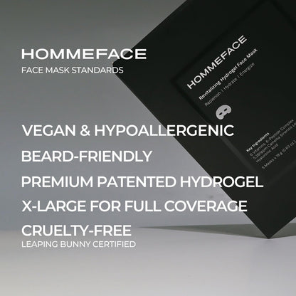 HommeFace Men’s Revitalizing Hydrogel Facial Mask Set (5ct) - Hydrating, Beard-Friendly, Anti-Aging, Soothing Face Sheet Masks with Hyaluronic Acid, Vitamins & Peptides