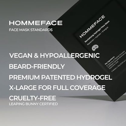 HommeFace Men’s Revitalizing Hydrogel Facial Mask Set (5ct) - Hydrating, Beard-Friendly, Anti-Aging, Soothing Face Sheet Masks with Hyaluronic Acid, Vitamins & Peptides