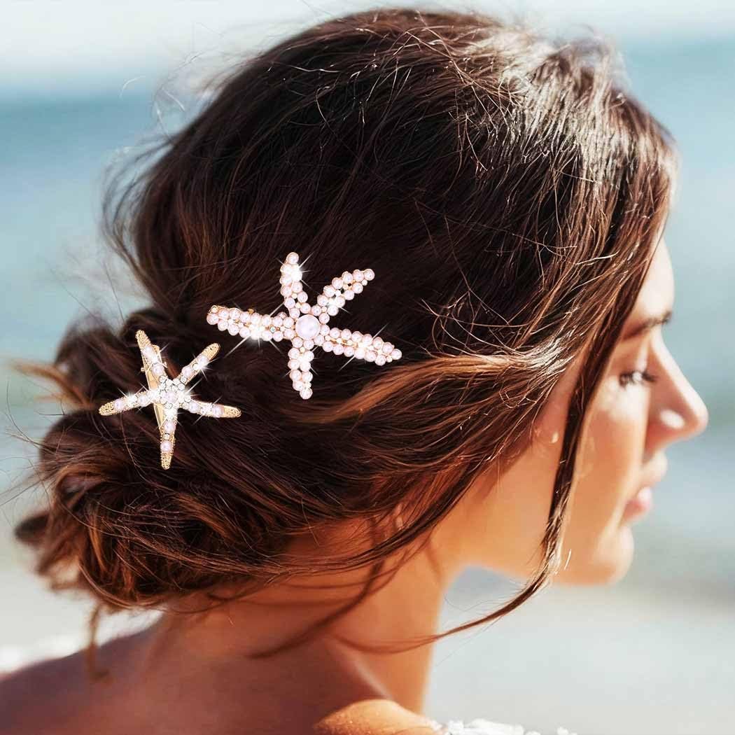 BARTOSI Starfish Hair Clip Pearl Mermaid Hair Clips Seashell Hair Accessories for Women and Girls (Pack of 2) - Gold, Crystal - görsel 9