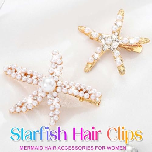 BARTOSI Starfish Hair Clip Pearl Mermaid Hair Clips Seashell Hair Accessories for Women and Girls (Pack of 2) - Gold, Crystal - görsel 4
