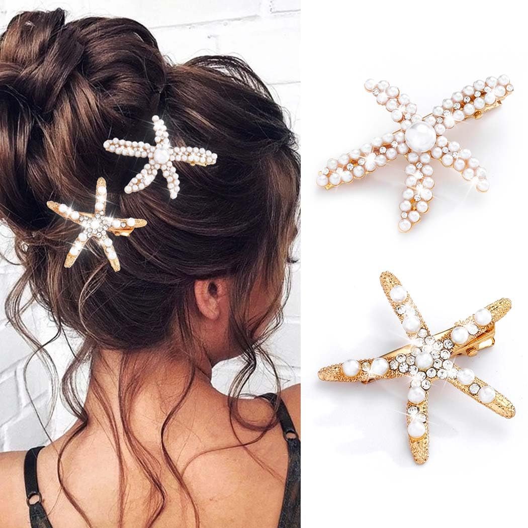 BARTOSI Starfish Hair Clip Pearl Mermaid Hair Clips Seashell Hair Accessories for Women and Girls (Pack of 2) - Gold, Crystal - görsel 1