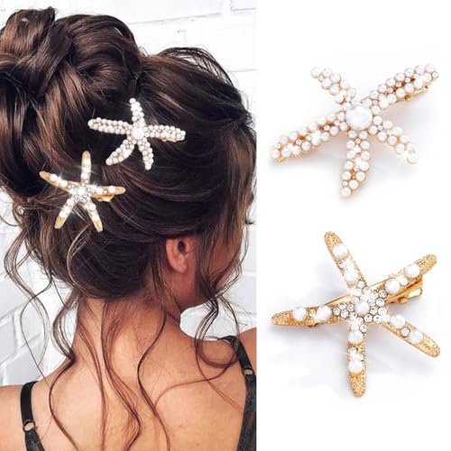 BARTOSI Starfish Hair Clip Pearl Mermaid Hair Clips Seashell Hair Accessories for Women and Girls (Pack of 2) - Gold, Crystal - görsel 2
