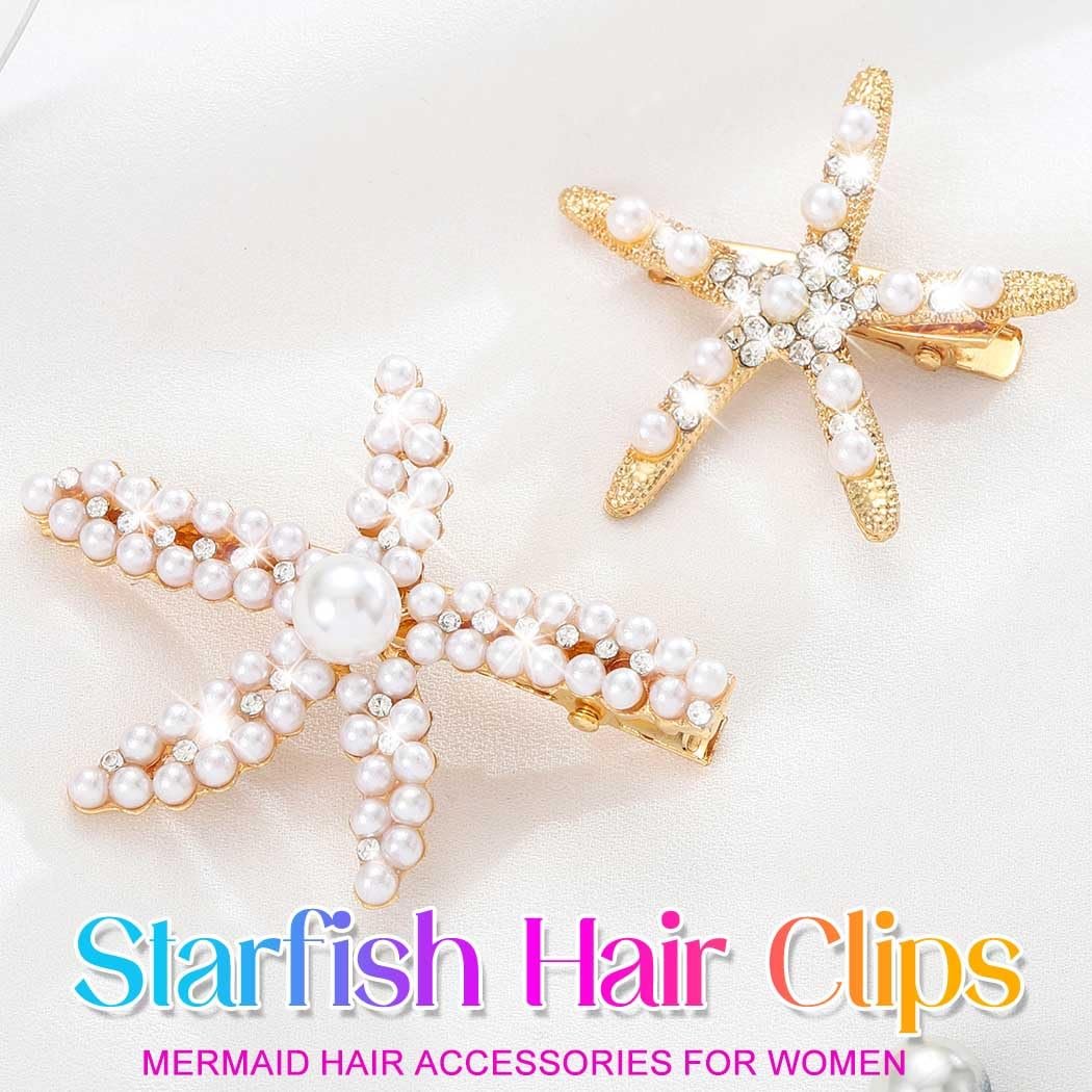 BARTOSI Starfish Hair Clip Pearl Mermaid Hair Clips Seashell Hair Accessories for Women and Girls (Pack of 2) - Gold, Crystal - görsel 3