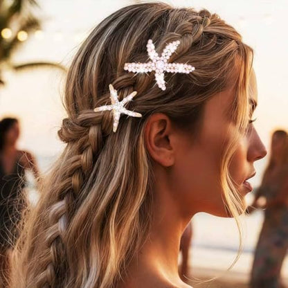 BARTOSI Starfish Hair Clip Pearl Mermaid Hair Clips Seashell Hair Accessories for Women and Girls (Pack of 2) - Gold, Crystal