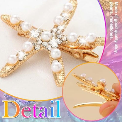 BARTOSI Starfish Hair Clip Pearl Mermaid Hair Clips Seashell Hair Accessories for Women and Girls (Pack of 2) - Gold, Crystal