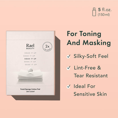 Rael Cotton Pads for Face - 200 Count Square Facial Sponge, Lint-Free, Soft & Thin, Korean Skincare Essential for Toner & Makeup Remover