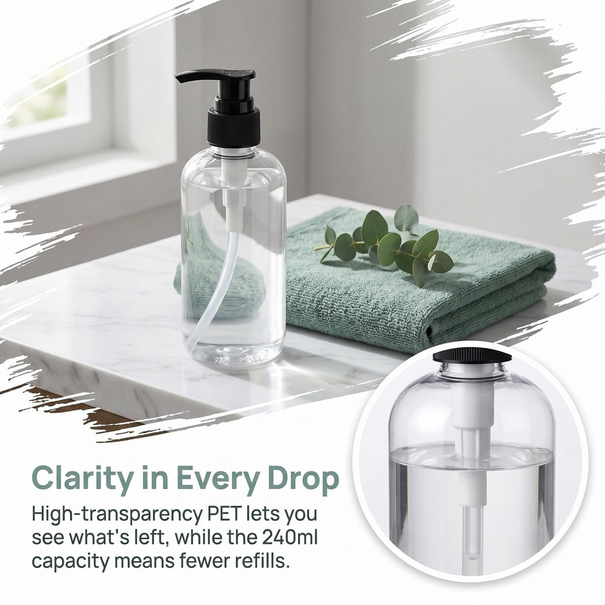 Bekith 16 Pack Empty Plastic Pump Bottles Dispenser, 8 oz Clear Refillable Bottles for Hand Soap, Lotion, Shampoo, Conditioner, and Essential Oils Avelisse