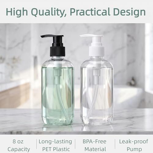 Bekith 16 Pack Empty Plastic Pump Bottles Dispenser, 8 oz Clear Refillable Bottles for Hand Soap, Lotion, Shampoo, Conditioner, and Essential Oils Avelisse