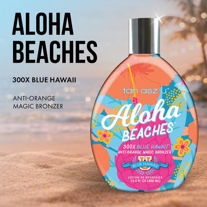 Tan Asz U Aloha Beaches Tanning Lotion 300X Blue Hawaii Anti-Orange Bronzer Color-Correcting Blue Bronzing Blend with Peptide Complex 13.5 Fl Oz Avelisse