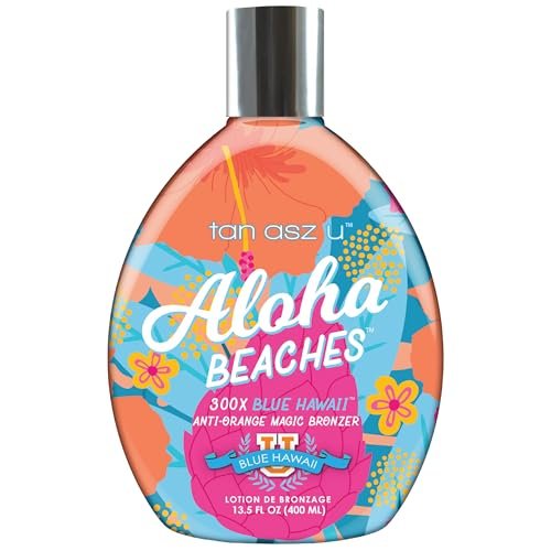 Tan Asz U Aloha Beaches Tanning Lotion 300X Blue Hawaii Anti-Orange Bronzer Color-Correcting Blue Bronzing Blend with Peptide Complex 13.5 Fl Oz Avelisse