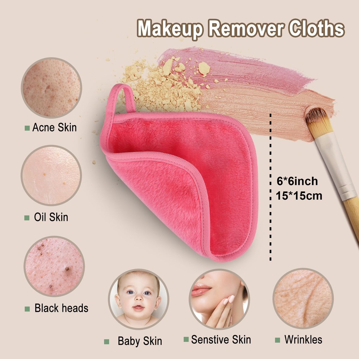 KODAMO Reusable Makeup Remover Cloths - 12 Pack Gentle Microfiber Face Wash Cloths, Pink - görsel 5