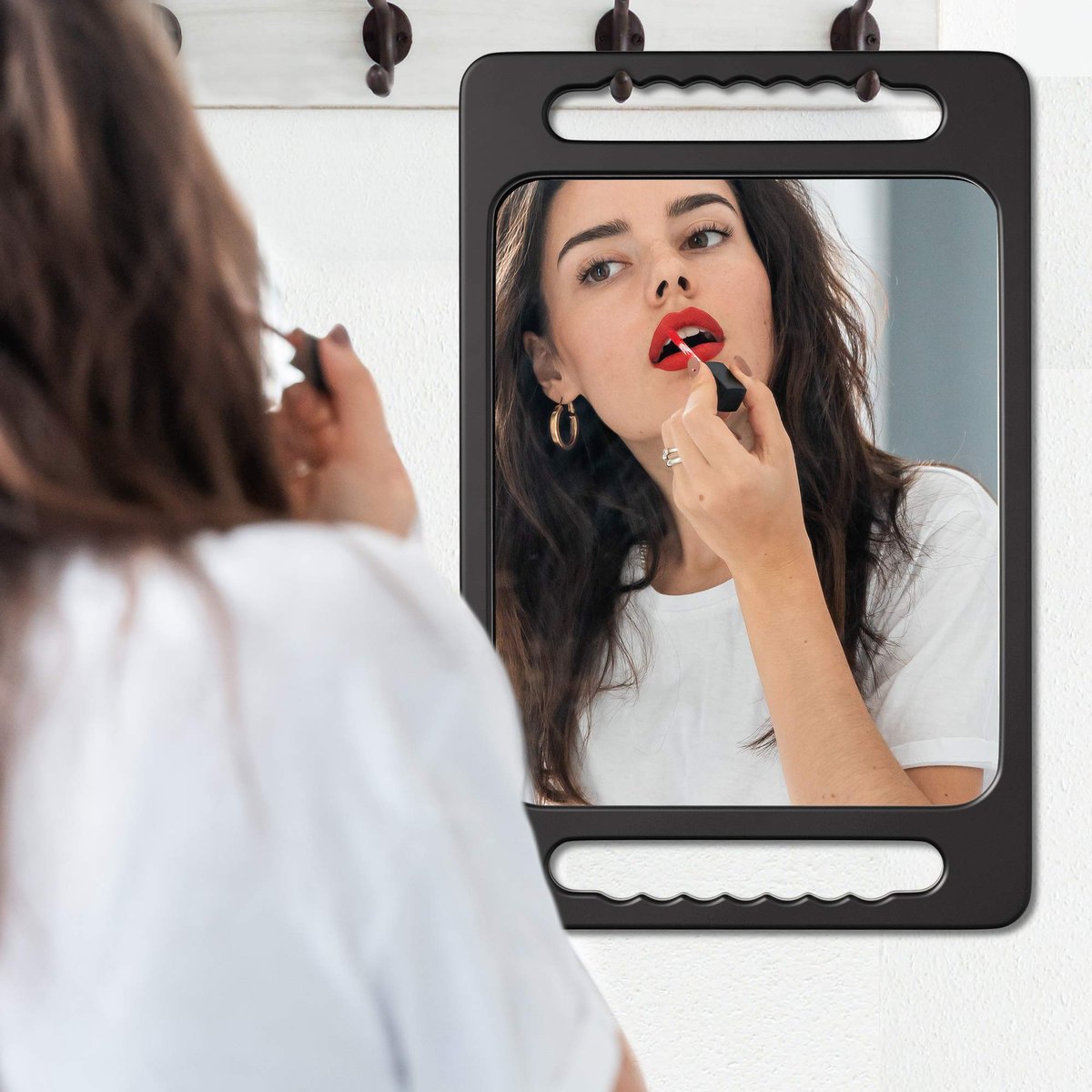 TASALON Unbreakable Hand Mirror with Double Handle - Large Handheld Barber Mirror for Hair and Beauty Salon, Durable Lightweight Haircut Mirror with Double Handgrip (Black, 15.8" x 10.2") Avelisse