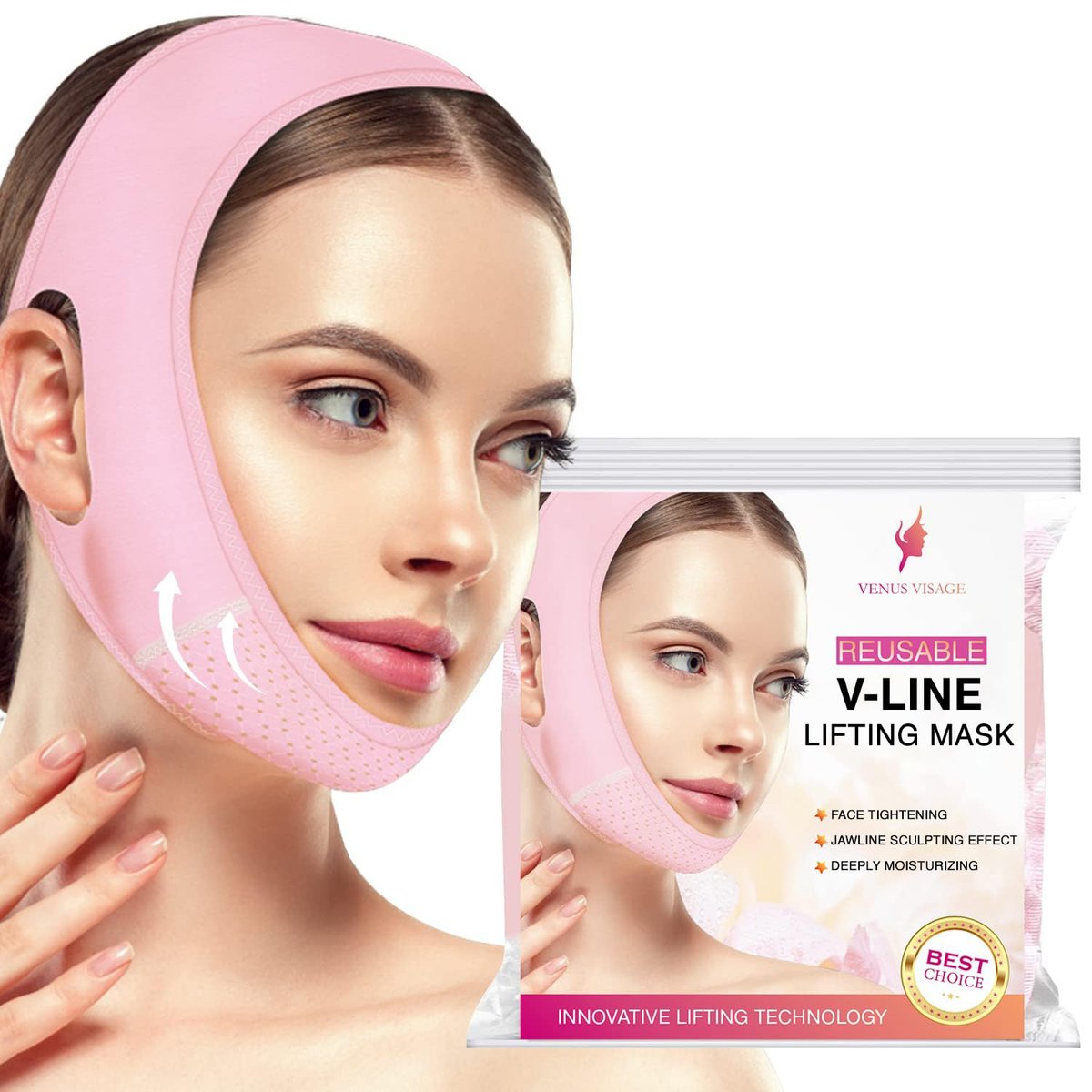 Venus Visage Face Lifting Strap for Jaw Line Definition - Reusable Chin Strap for Sleeping - Visually Sculpts Double Chin (Pink) Avelisse
