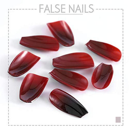 Zehope Glossy Press on Nails – Black Coffin Ombre Fake Nails for Halloween (Red Black, 24 Pcs)