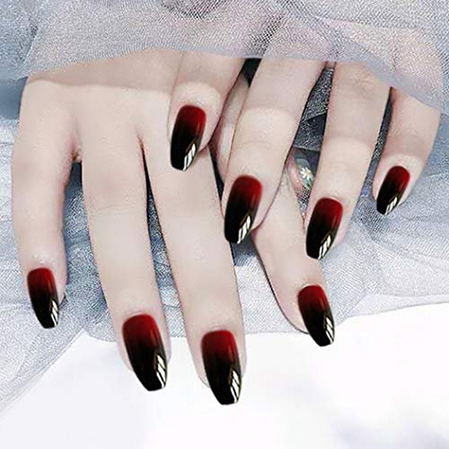 Zehope Glossy Press on Nails – Black Coffin Ombre Fake Nails for Halloween (Red Black, 24 Pcs) - görsel 6