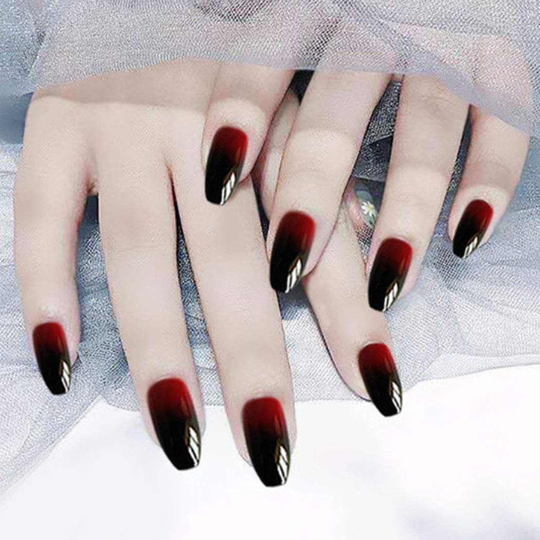 Zehope Glossy Press on Nails – Black Coffin Ombre Fake Nails for Halloween (Red Black, 24 Pcs) - görsel 5