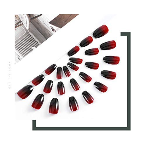 Zehope Glossy Press on Nails – Black Coffin Ombre Fake Nails for Halloween (Red Black, 24 Pcs) - görsel 4