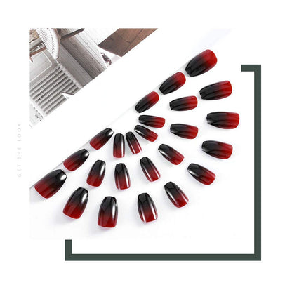 Zehope Glossy Press on Nails – Black Coffin Ombre Fake Nails for Halloween (Red Black, 24 Pcs)