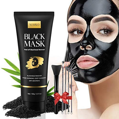 YLNALO Blackhead Remover Mask Kit with Brush and Pimple Extractors - Charcoal Peel Off Facial Mask for Deep Cleansing, 3.5 Fl Oz