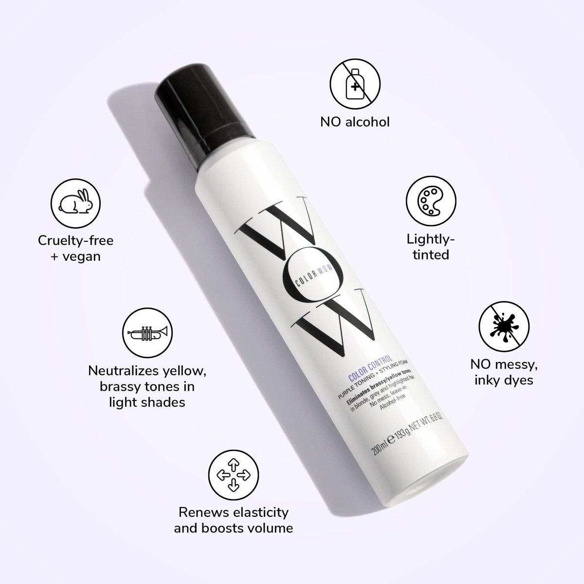 COLOR WOW Color Control Purple Toning + Styling Foam – Instantly Eliminates Brassy Yellow Tones from Blonde, Gray, and Silver Hair – Alcohol-Free, Crunch-Free Styling Foam (6.8 oz) Avelisse