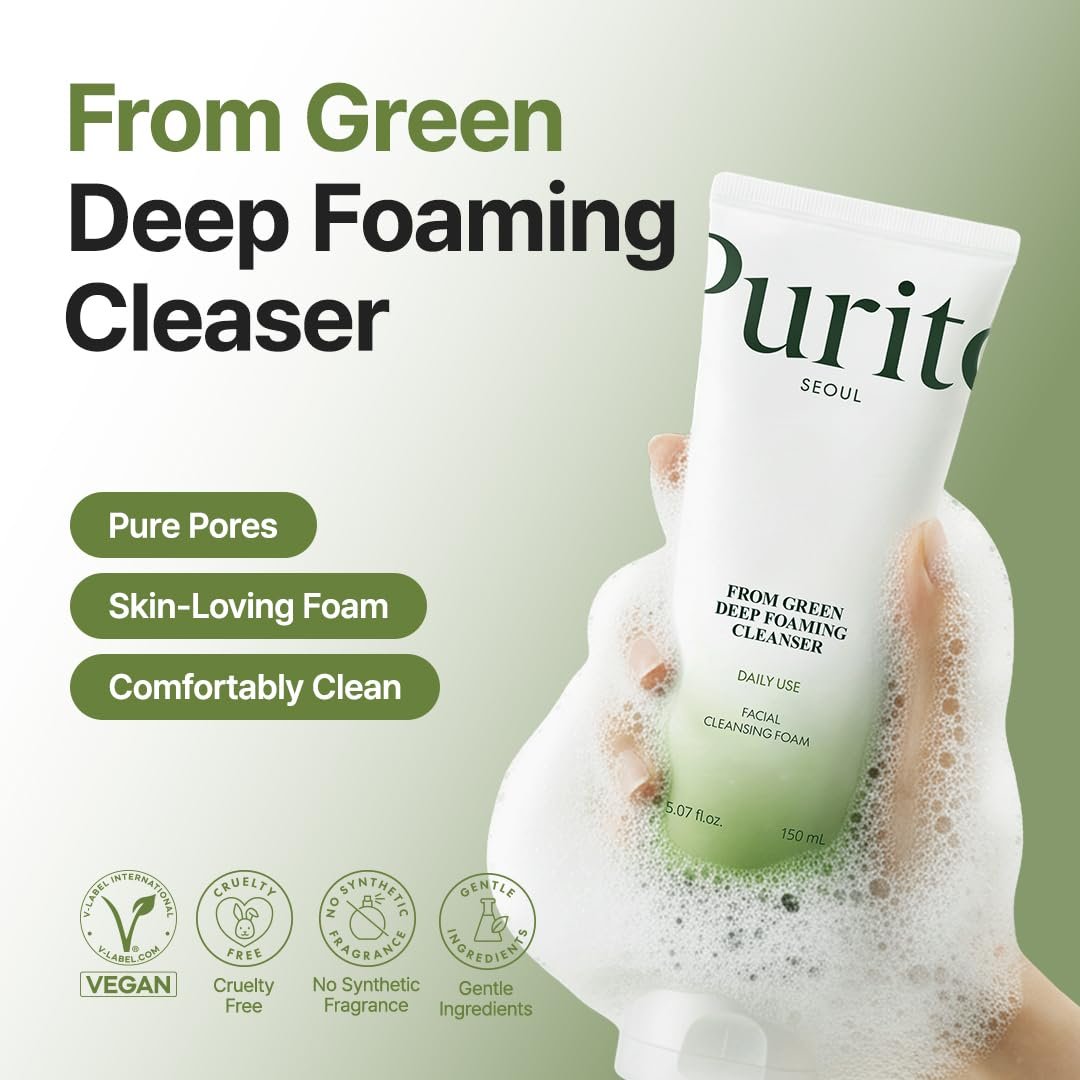 PURITO From Green Deep Foaming Cleanser - pH 5.5, Plant-Based, Vegan, 150ml Avelisse