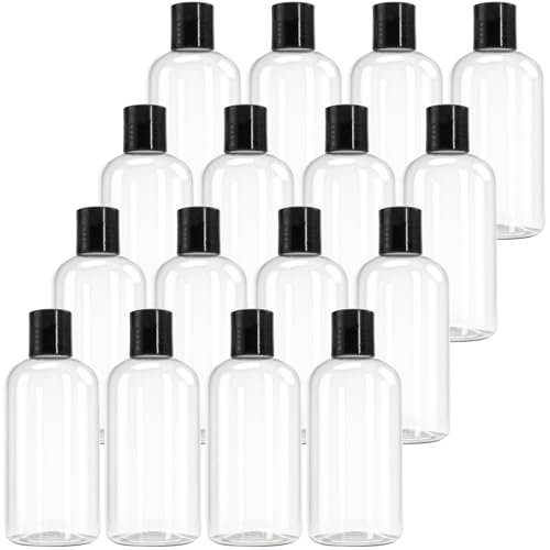 Bekith 16 Pack 8oz Clear Plastic Empty Bottles with Disc Top Caps – Refillable Travel Containers for Shampoo, Lotions, Liquid Soap, Creams Avelisse