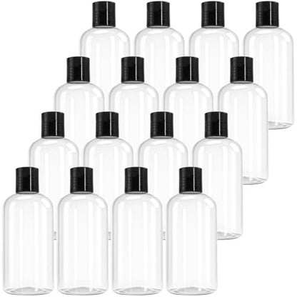 Bekith 16 Pack 8oz Clear Plastic Empty Bottles with Disc Top Caps – Refillable Travel Containers for Shampoo, Lotions, Liquid Soap, Creams Avelisse