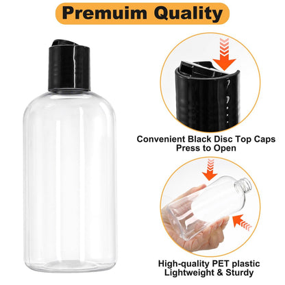 Bekith 16 Pack 8oz Clear Plastic Empty Bottles with Disc Top Caps – Refillable Travel Containers for Shampoo, Lotions, Liquid Soap, Creams Avelisse