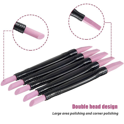 5-Piece Pumice Stone Nail File Polishing Pen Set – Double-Headed Cuticle Pusher & Buffer for Home Salon Use
