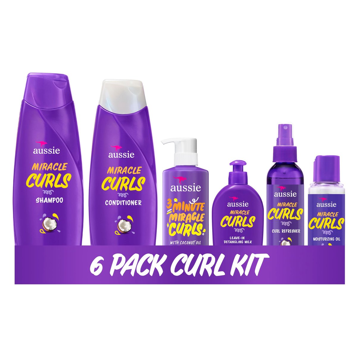 Aussie Miracle Curls 6-Piece Hair Care Set - Shampoo, Conditioner, Deep Conditioner, Refresher Gel, Detangling Milk & Oil Treatment (55.8 Fl Oz Total) Avelisse