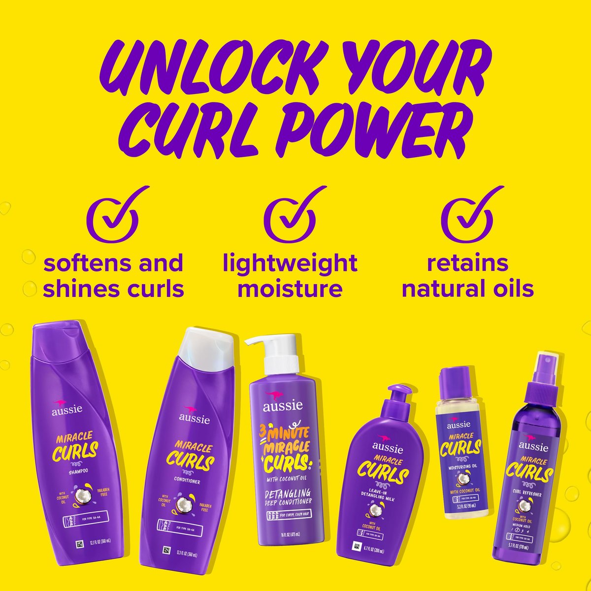 Aussie Miracle Curls 6-Piece Hair Care Set - Shampoo, Conditioner, Deep Conditioner, Refresher Gel, Detangling Milk & Oil Treatment (55.8 Fl Oz Total) Avelisse