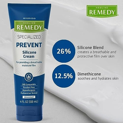 Medline Remedy Specialized Silicone Cream Unscented 4 fl oz - Gentle Breathable Barrier for Dry Cracked Skin, Paraben-free Hypoallergenic Care