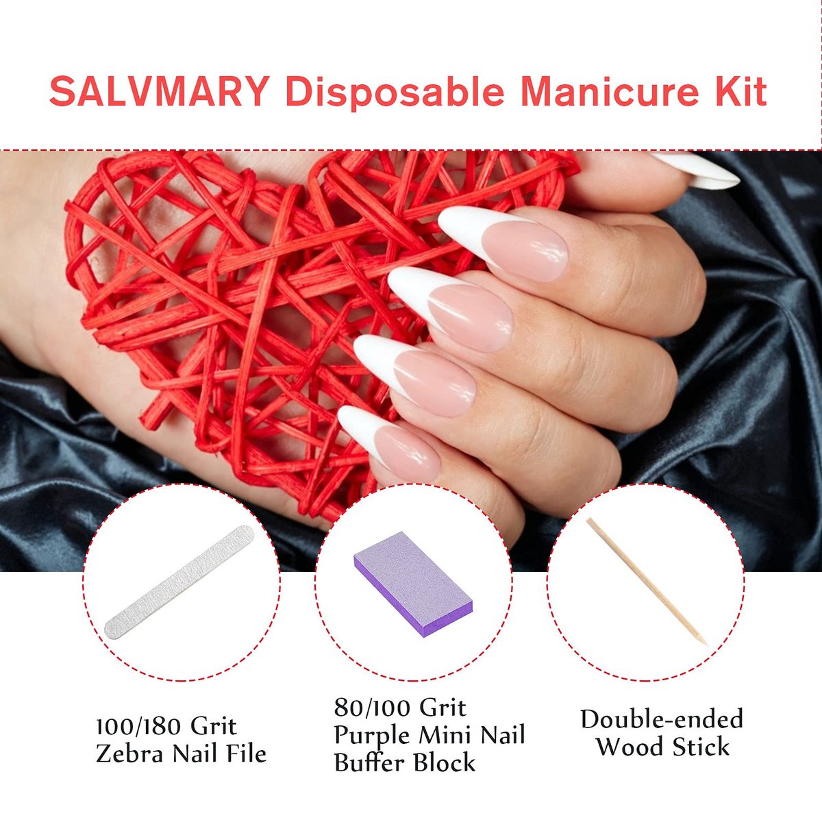 Professional Disposable Manicure Kit Basics 3 Piece Nail Kit - 100 Set Wood Nail File 100/180 Grit, Mini Buffer 80/100 Grit, Wood Stick Avelisse