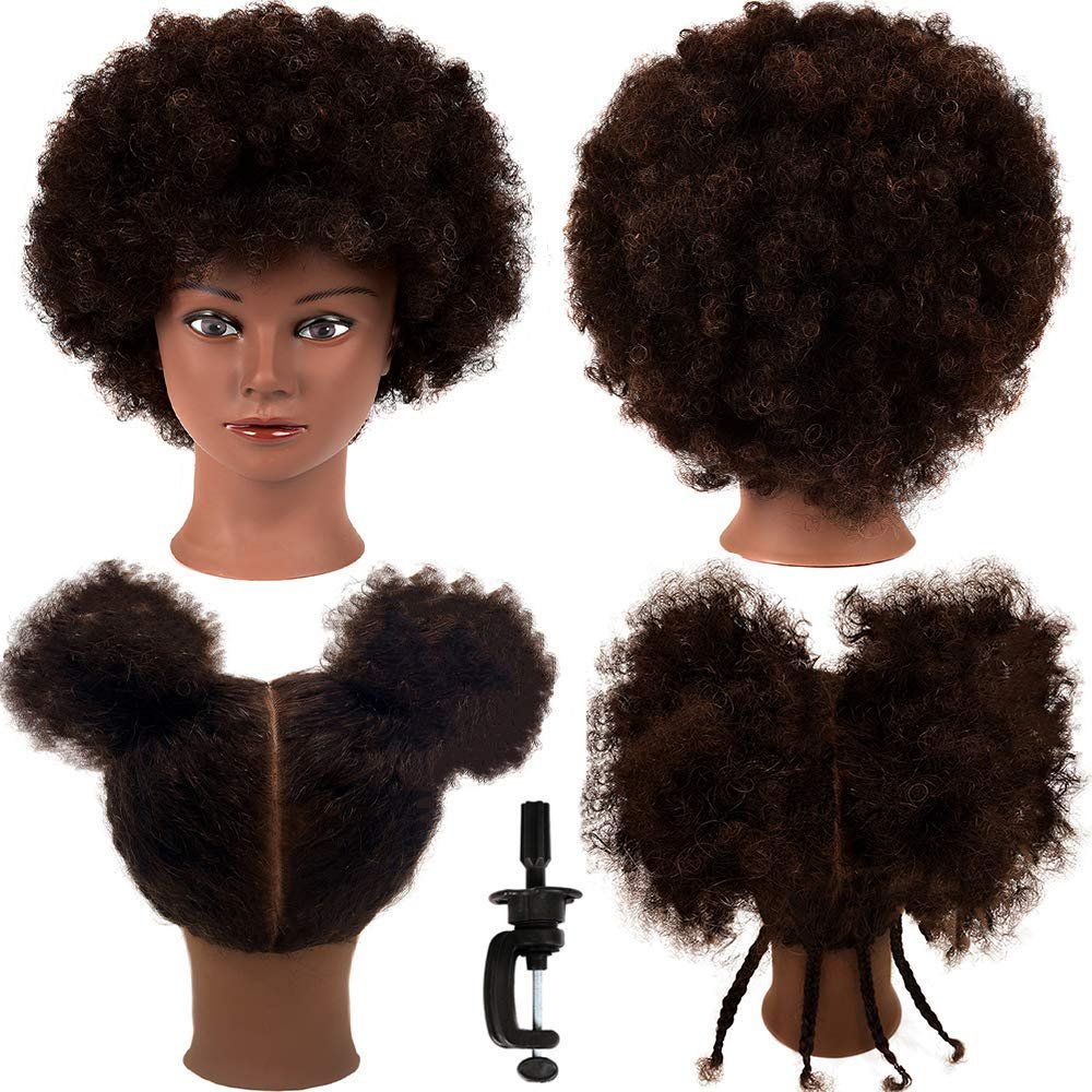 African Mannequin Head with 100% Human Hair Curly Cosmetology Mannequin for Styling Practice and Display - 2 Piece Set with Stand Avelisse