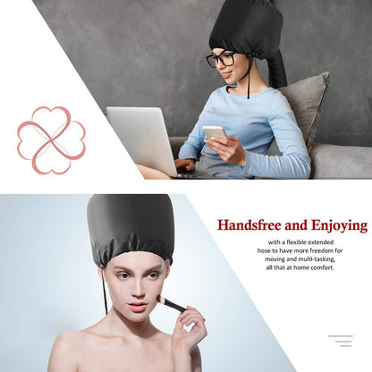 Upgraded Bonnet Hood Hairdryer Attachment with Chin Strap and Extended Hose - Black