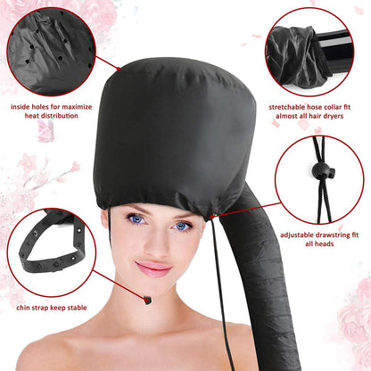 Upgraded Bonnet Hood Hairdryer Attachment with Chin Strap and Extended Hose - Black