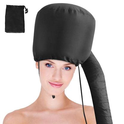 Upgraded Bonnet Hood Hairdryer Attachment with Chin Strap and Extended Hose - Black