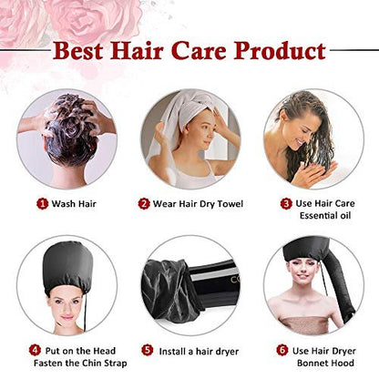 Upgraded Bonnet Hood Hairdryer Attachment with Chin Strap and Extended Hose - Black