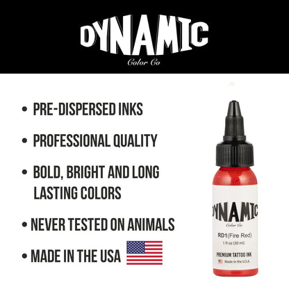 Dynamic Color Co. Fire Red Tattoo Ink – 1 oz Bottle, Made in USA, Sterilized, Vegan, Since 1990