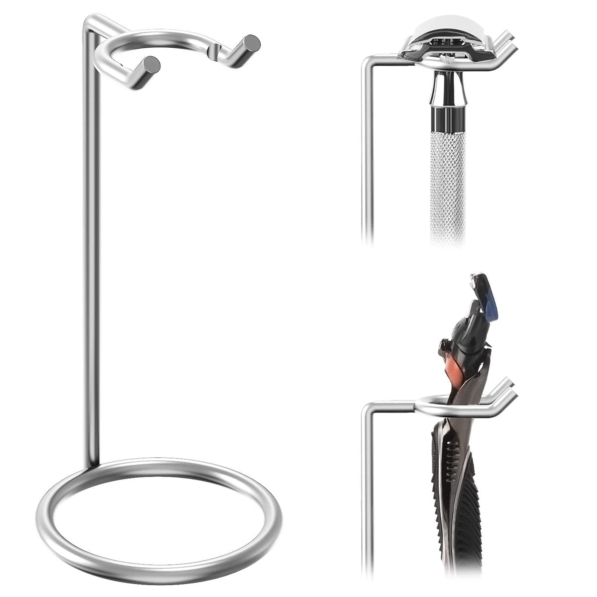 Linkidea Stainless Steel Razor Stand - Deluxe Men's Travel Shaver Holder for Long Handle Safety Razors, Fusion 5, ProShield, NFL Series (Silver/Polished Chrome) - görsel 1
