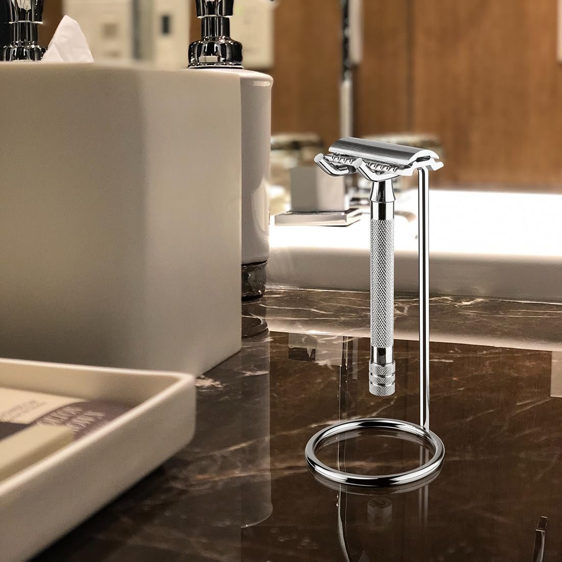 Linkidea Stainless Steel Razor Stand - Deluxe Men's Travel Shaver Holder for Long Handle Safety Razors, Fusion 5, ProShield, NFL Series (Silver/Polished Chrome) - görsel 11